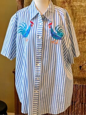 Bob Mackie Light Blue & White Striped Short-Sleeve Shirt with Rooster Embroidery